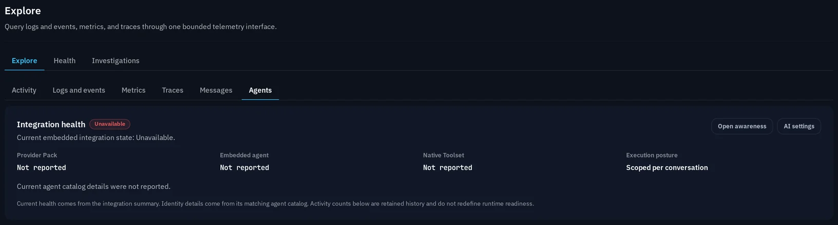 The LyftData Observability Agents tab: an Integration health panel reporting the embedded AI integration as Unavailable, with Provider Pack, Embedded agent and Native Toolset not reported, in an environment where no AI provider is configured.