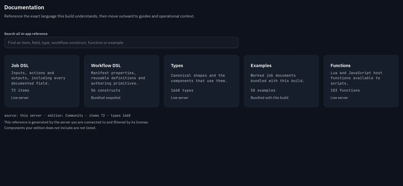 The LyftData in-app documentation: a search box above cards for Job DSL (72 items), Workflow DSL, Types, Examples and Functions, generated from the connected server and filtered by its license.